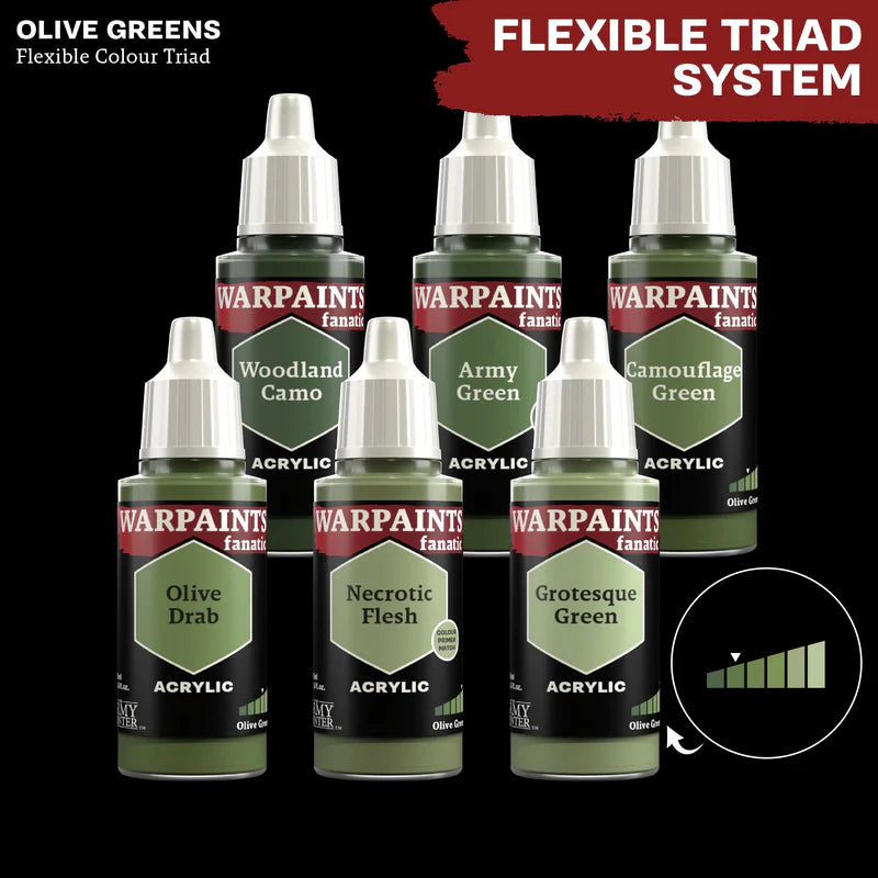 Olive Greens Flexible Colour Triad - 6 farb Warpaints Fanatic z Army Green - System Triady Kolorów od ciemnego do jasnego

