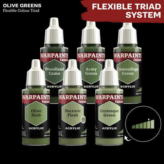 Olive Greens - triada kolorów Warpaints Fanatic: Olive Drab, Necrotic Flesh, Grotesque Green, Army Green, Camouflage Green, Woodland Camo
