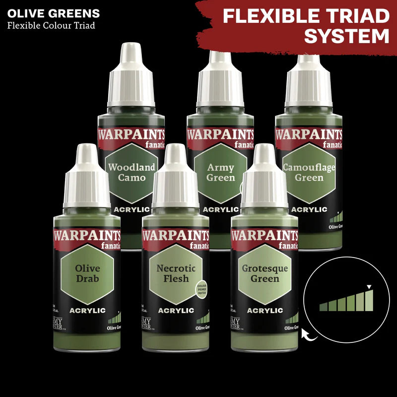 Olive Greens - triada kolorów Warpaints Fanatic: Woodland Camo, Army Green, Camouflage Green, Olive Drab, Necrotic Flesh, Grotesque Green

