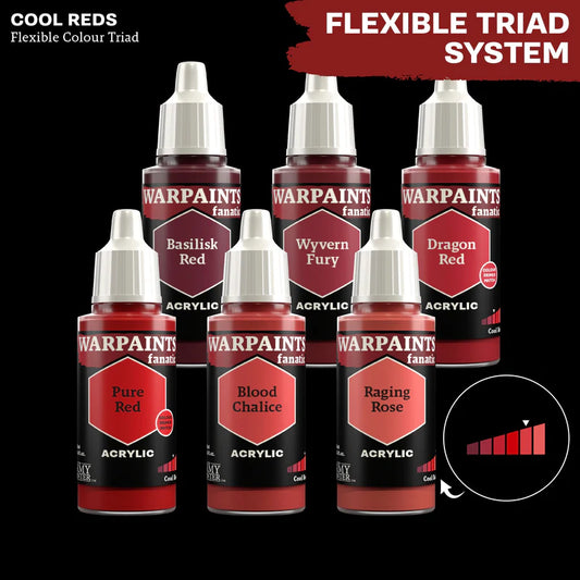 Cool Reds - triada kolorów Warpaints Fanatic: Basilisk Red, Pure Red, Dragon Red, Blood Chalice, Wyvern Fury, Raging Rose
