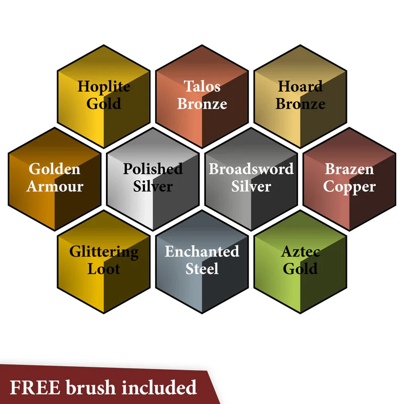 Speedpaint Metallics Set 2.0 - paleta 10 kolorów metalicznych: Hoplite Gold, Talos Bronze, Hoard Bronze, Golden Armour, Polished Silver, Broadsword Silver, Brazen Copper, Glittering Loot, Enchanted Steel, Aztec Gold
