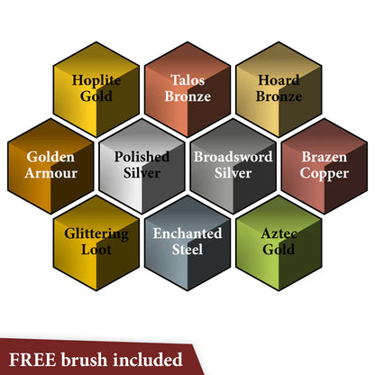 Speedpaint Metallics Set 2.0 - paleta 10 kolorów metalicznych: Hoplite Gold, Talos Bronze, Hoard Bronze, Golden Armour, Polished Silver, Broadsword Silver, Brazen Copper, Glittering Loot, Enchanted Steel, Aztec Gold
