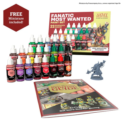 Warpaints Fanatic Most Wanted Set – zestaw 22 farb akrylowych The Army Painter z figurką i przewodnikiem malowania w tle

