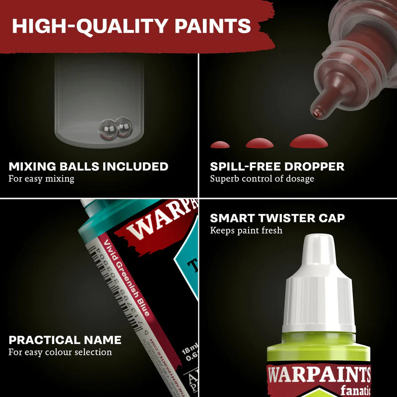 Warpaints Fanatic Most Wanted Set – high quality paints – kulki mieszające, zakraplacz Spill-Free, kapturek Smart Twister, praktyczne nazwy kolorów
