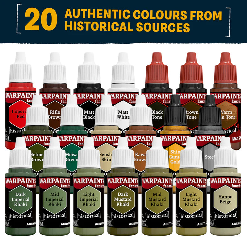 Army Painter Historical WWII Imperial Japanese Paint Set WP8125P – 20 butelek Warpaints Fanatic 18ml na ciemnym tle: akryle, washe (czerwone nakrętki) i metaliczne. Kolory: Imperial Red, Rifle Brown, Matt Black, Matt White, Helmet Brown, Meisai Green, Senshi Skin, Kawa Brown, Shin Gunto Gold, Steel, Dark/Mid/Light Imperial Khaki, Dark/Mid/Light Mustard Khaki, Hanpu Beige, Black/Brown/Warm Skin Tone