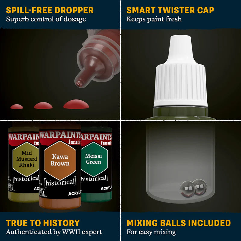 Army Painter Historical WWII Imperial Japanese Paint Set WP8125P – infografika cech: Spill-Free Dropper (kroplomącz bez rozlewań), Smart Twister Cap (nakrętka zachowująca świeżość), True to History (uwierzytelnione przez eksperta WWII), Mixing Balls Included (kulki mieszające), butelki Mid Mustard Khaki, Kawa Brown i Meisai Green