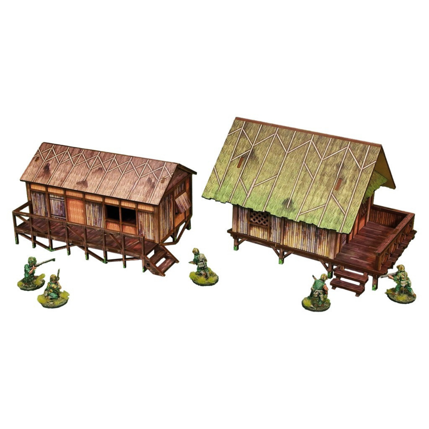 WW2 Pacific Jungle Huts (2) PREPAINTED – panele HDF z wyciętymi elementami obu chat dżunglowych przed montażem, UV-druk multicolor
