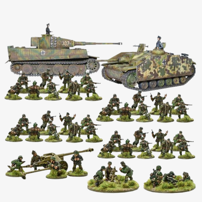 Zawartość zestawu Waffen-SS Starter Army - 30 figurek piechoty, czołg Tiger I, działo szturmowe StuG III, PaK 40, moździerz 81mm, MG42 - Bolt Action Warlord Games