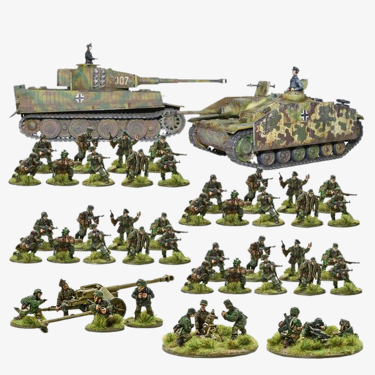 Zawartość zestawu Waffen-SS Starter Army - 30 figurek piechoty, czołg Tiger I, działo szturmowe StuG III, PaK 40, moździerz 81mm, MG42 - Bolt Action Warlord Games