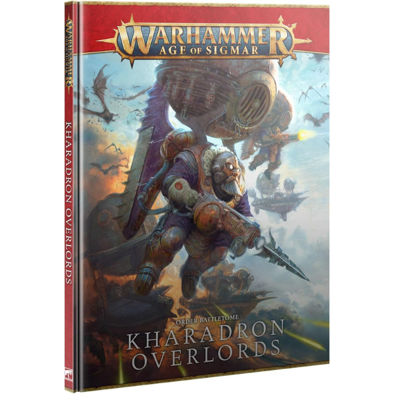 Warhammer Age of Sigmar Battletome Kharadron Overlords 2023 84-02 – twarda okładka 96-stronicowego podręcznika: krasnoludzki Endrinmaster w pancerzu parowym z pistoletem i mieczem unosi się na tle burzowego nieba, latające okręty powietrzne i wampiry w tle, złote logo Warhammer Age of Sigmar, napis Order Battletome Kharadron Overlords, wydawnictwo Games Workshop
