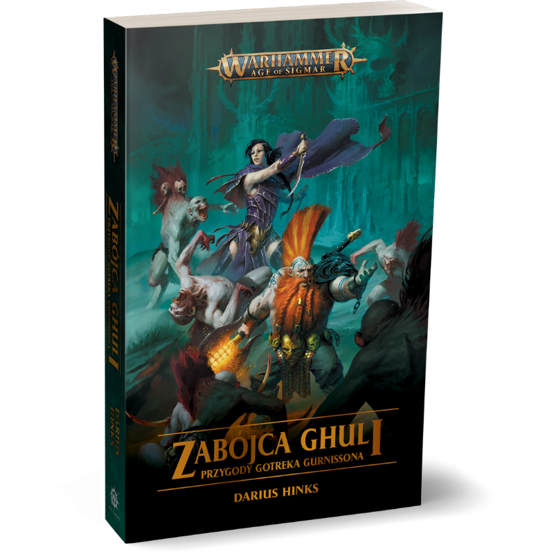 Warhammer Age of Sigmar: Zabójca Ghuli – okładka 3D miękka: krasnoludzki Zabójca Gotrek z pomarańczową brodą i płonącym młotem oraz czarnowłosa Maleneth z szablą walczą z hordą ghuli w turkusowej jaskini, logo Warhammer Age of Sigmar, autor Darius Hinks
