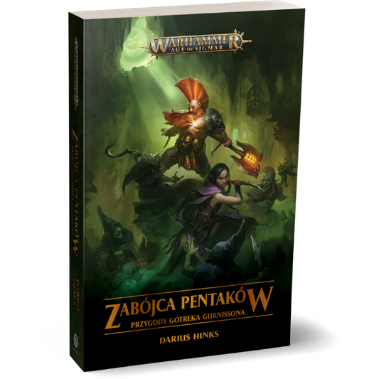 Warhammer Age of Sigmar: Zabójca Pentaków – okładka 3D miękka: krasnoludzki Zabójca z pomarańczowym irokezem i płonącym młotem skacze nad demonami, obok czarnowłosa wojowniczka z nożem, zielona jaskinia, logo Warhammer Age of Sigmar, autor Darius Hinks
