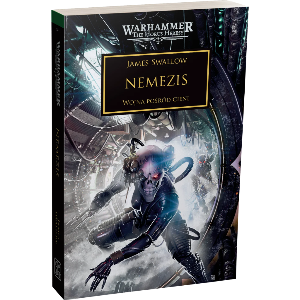Warhammer The Horus Heresy Nemezis Tom XIII – miękka oprawa powieści: okładka z tajemniczym skrytobójcą w czarnym kombinezonie z czaszką zamiast twarzy i szponiastymi rękawicami, mroczne wnętrze statku kosmicznego w tle, napis Nemezis Wojna Pośród Cieni, logo Warhammer The Horus Heresy, wydawnictwo Copernicus Corporation
