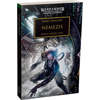 Warhammer The Horus Heresy Nemezis Tom XIII – miękka oprawa powieści: okładka z tajemniczym skrytobójcą w czarnym kombinezonie z czaszką zamiast twarzy i szponiastymi rękawicami, mroczne wnętrze statku kosmicznego w tle, napis Nemezis Wojna Pośród Cieni, logo Warhammer The Horus Heresy, wydawnictwo Copernicus Corporation
