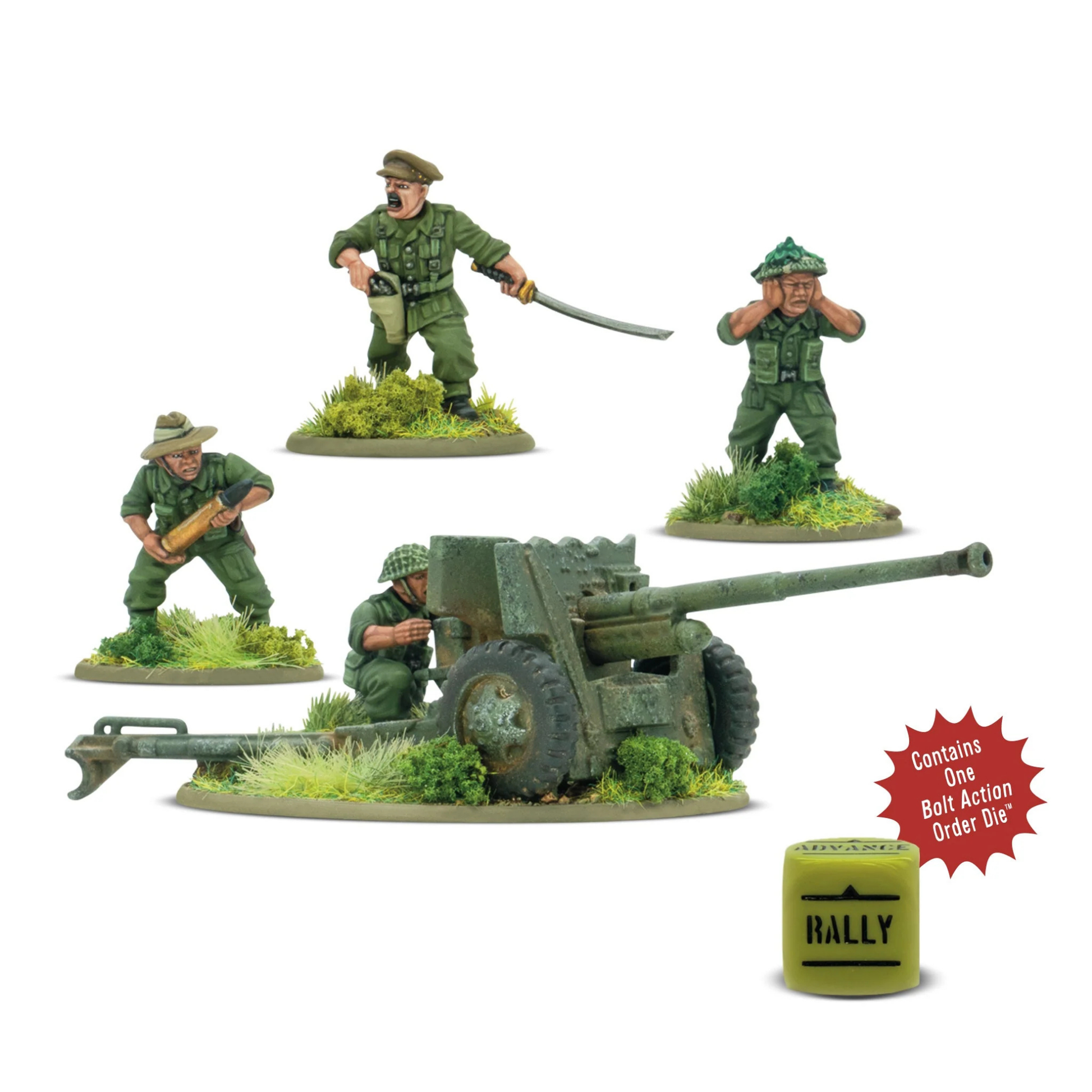 Warlord Games Gurkha 6-Pounder Anti-Tank Gun – pudełko Bolt Action Gurkha 6-Pounder Anti-Tank Gun: 1 hard plastic 28mm 6-pounder anti-tank gun with Warlord Resin Gurkha crew, flaga brytyjska, logo Bolt Action i Warlord Games