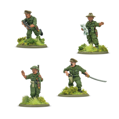 Warlord Games Gurkha Platoon Commanders – 4 figurki Warlord Resin 28mm: oficer w berecie biegnący ze Stenem, oficer w kapeluszu z mapą wskazujący kierunek, sierżant w hełmie z karabinem i gestem stop, oficer w berecie z japońską szablą Shin Gunto, widok z przodu Bolt Action