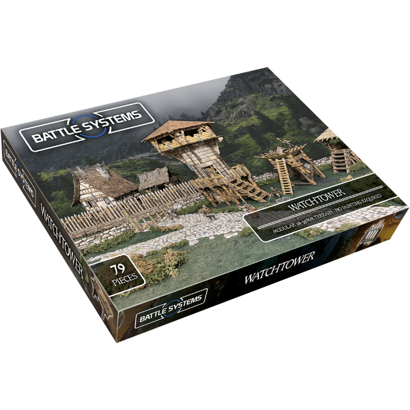 Watchtower BSTFWE008 28-35mm Battle Systems - pudełko zestawu 79 elementów widok izometryczny ciemne tło
