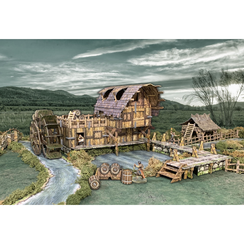 Water Mill BSTFWE015 28-35mm Battle Systems - złożony młyn wodny z kołem i pomostami widok z boku klimatyczne tło rzeczne

