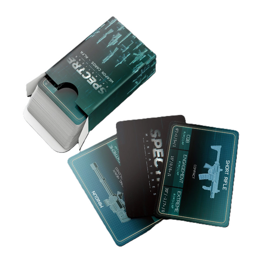 Weapon Cards Pack 1 Spectre Miniatures – talia 40+ kart broni do gry Spectre Operations w pudełku, widok kart Short Rifle i Minigun
