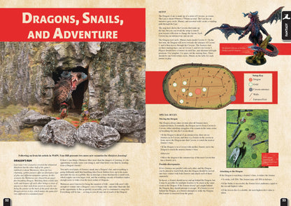 Wargames Illustrated WI460 – rozkładówka "Dragons, Snails, and Adventure": scenariusze do Hairfoot Jousting, mapa jaskini smoka z kavernami, figurki fantasy i zasady specjalne
