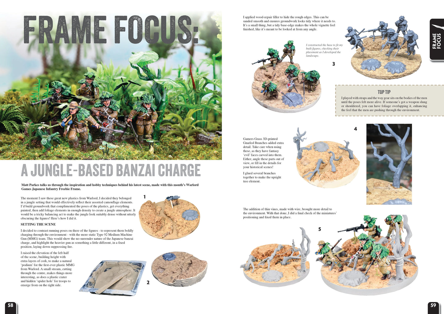 Wargames Illustrated WI460 – rozkładówka "Frame Focus: A Jungle-Based Banzai Charge": diorama japońskiej piechoty atakującej przez dżunglę, Type 92 MMG, figurki Warlord Games, poradnik hobby krok po kroku
