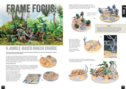 Wargames Illustrated WI460 – rozkładówka "Frame Focus: A Jungle-Based Banzai Charge": diorama japońskiej piechoty atakującej przez dżunglę, Type 92 MMG, figurki Warlord Games, poradnik hobby krok po kroku
