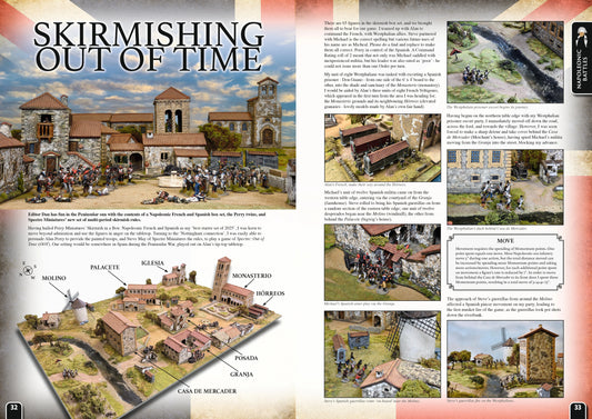 Wargames Illustrated WI460 – rozkładówka "Skirmishing Out of Time": makieta wioski półwyspowej z kościołem, młynem i gospodarstwem, figurki napoleońskie Francuzów i Hiszpanów, zasady Spectre Miniatures