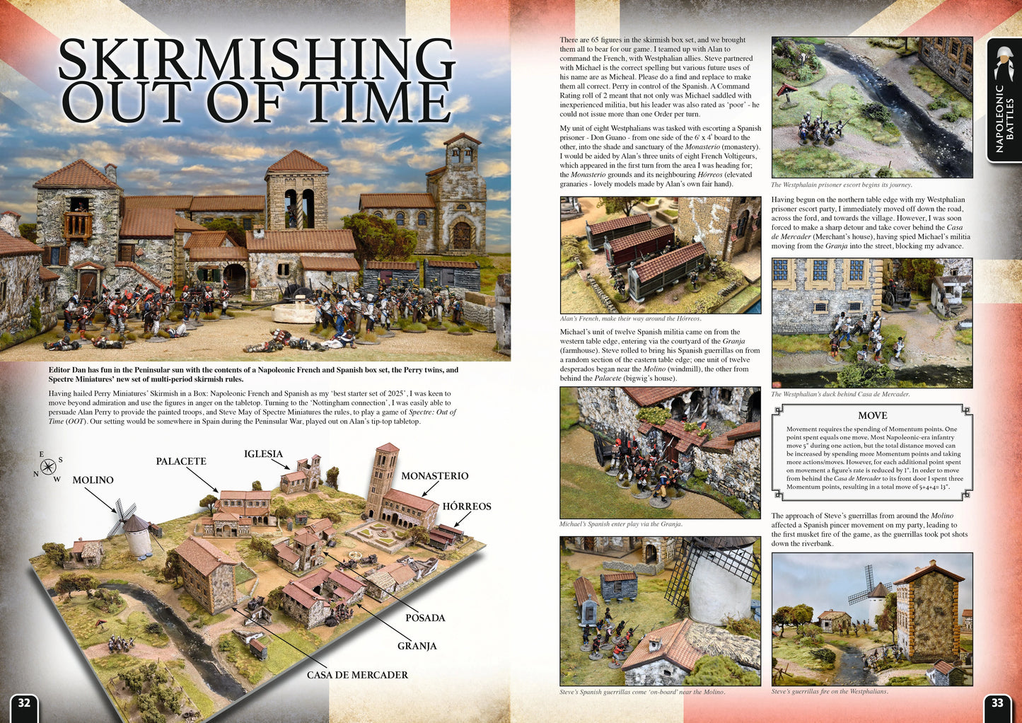 Wargames Illustrated WI460 – rozkładówka "Skirmishing Out of Time": makieta wioski półwyspowej z kościołem, młynem i gospodarstwem, figurki napoleońskie Francuzów i Hiszpanów, zasady Spectre Miniatures

