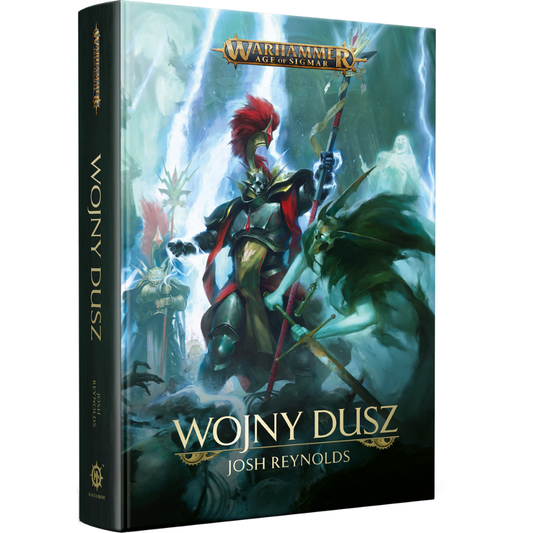 Warhammer Age of Sigmar: Wojny Dusz – okładka 3D twarda: Stormcast Eternal w czarnej zbroi z czerwonym pióropuszem unosi berło w błyskawicach, duchy i nieumarli w tle, logo Warhammer Age of Sigmar, autor Josh Reynolds
