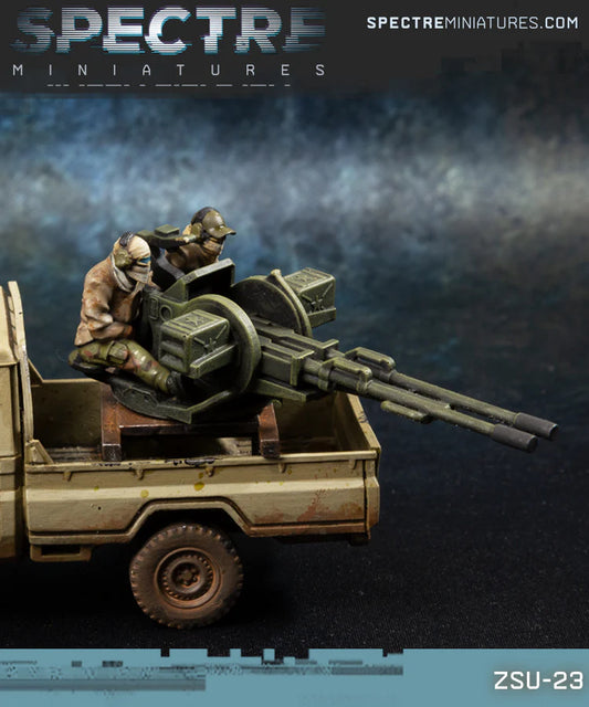 ZSU-23 Technical Spectre Miniatures – podwójne działko 23mm z obsługą na skrzyni pickupa, widok z boku
