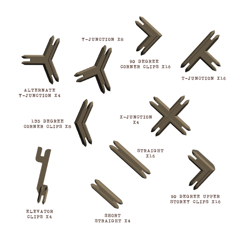 Zestaw klipsów i złączy do terenu modularnego – Y-Junction, T-Junction, X-Junction, 90°, 135°, Straight, Short Straight, Elevator Clips, 90° Upper Storey Clips
