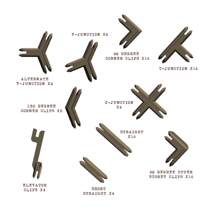 Zestaw klipsów i złączy do terenu modularnego – Y-Junction, T-Junction, X-Junction, 90°, 135°, Straight, Short Straight, Elevator Clips, 90° Upper Storey Clips
