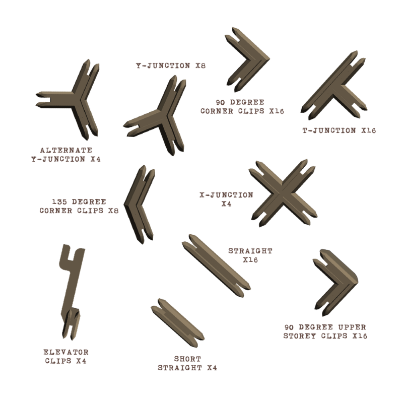 Zestaw klipsów i złączy do terenu modularnego – Y-Junction, T-Junction, X-Junction, 90°, 135°, Straight, Short Straight, Elevator Clips, 90° Upper Storey Clips
