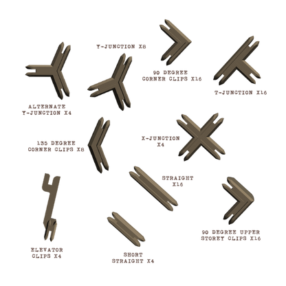 Zestaw klipsów i złączy do terenu modularnego – Y-Junction, T-Junction, X-Junction, 90°, 135°, Straight, Short Straight, Elevator Clips, 90° Upper Storey Clips
