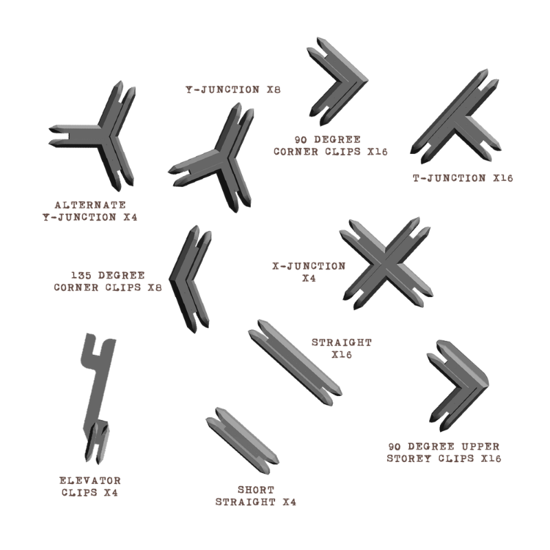 Zestaw szarych klipsów i złączy do terenu modularnego – Y-Junction, T-Junction, X-Junction, 90°, 135°, Straight, Short Straight, Elevator Clips, 90° Upper Storey Clips
