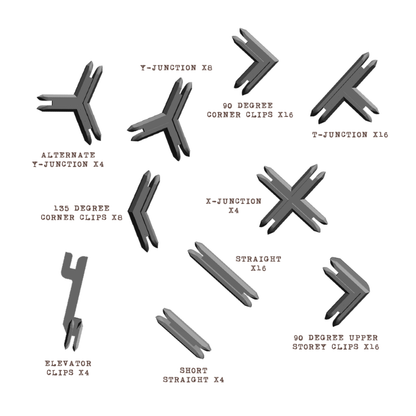 Zestaw szarych klipsów i złączy do terenu modularnego – Y-Junction, T-Junction, X-Junction, 90°, 135°, Straight, Short Straight, Elevator Clips, 90° Upper Storey Clips
