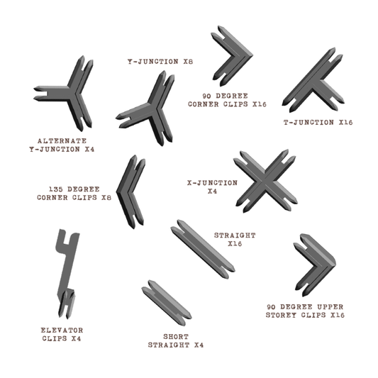 Zestaw szarych klipsów i złączy do terenu modularnego – Y-Junction, T-Junction, X-Junction, 90°, 135°, Straight, Short Straight, Elevator Clips, 90° Upper Storey Clips
