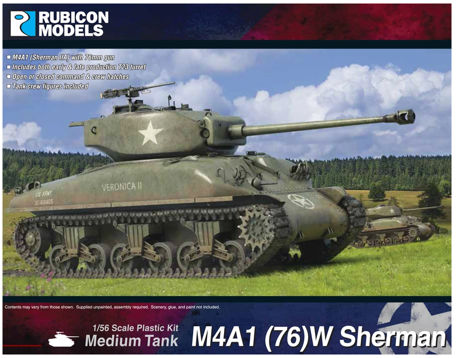Rubicon Models 280087 M4A1(76)W Sherman – schemat montażu 1/56 28mm: rozstrzelony widok elementów (wieża T23 wczesna i późna, armata 76mm M1A2, kadłub odlewany z dużymi włazami, zawieszenie VVSS, gąsienice, figurki załogi amerykańskiej), 140 elementów na 6 wypraskach, Bolt Action