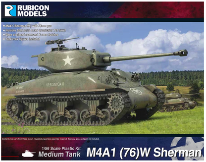 Rubicon Models 280087 M4A1(76)W Sherman – schemat montażu 1/56 28mm: rozstrzelony widok elementów (wieża T23 wczesna i późna, armata 76mm M1A2, kadłub odlewany z dużymi włazami, zawieszenie VVSS, gąsienice, figurki załogi amerykańskiej), 140 elementów na 6 wypraskach, Bolt Action