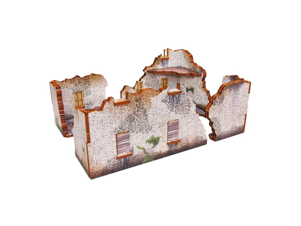 Normandy Ruin 2 – widok frontowy na złożone ruiny z drewnianymi okiennicami i pękniętymi kamiennymi ścianami, 28mm Bolt Action
