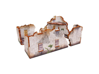 Normandy Ruin 2 – widok frontowy na złożone ruiny z drewnianymi okiennicami i pękniętymi kamiennymi ścianami, 28mm Bolt Action
