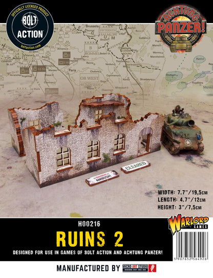Normandy Ruin 2 – okładka pudełka z czołgiem Sherman, wymiary i logo Bolt Action i Achtung Panzer, 28mm Micro Art Studio
