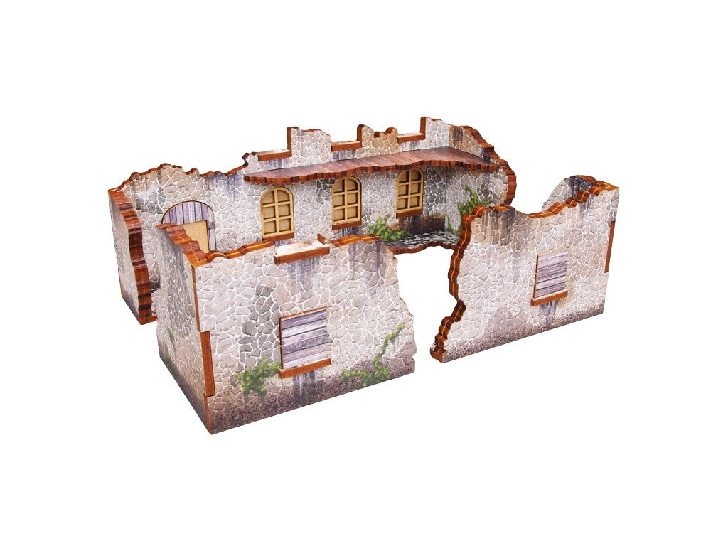 Normandy Ruin 3 – widok izometryczny z tyłu na złożone ruiny z kamienną elewacją i pękniętymi ścianami, 28mm Bolt Action

