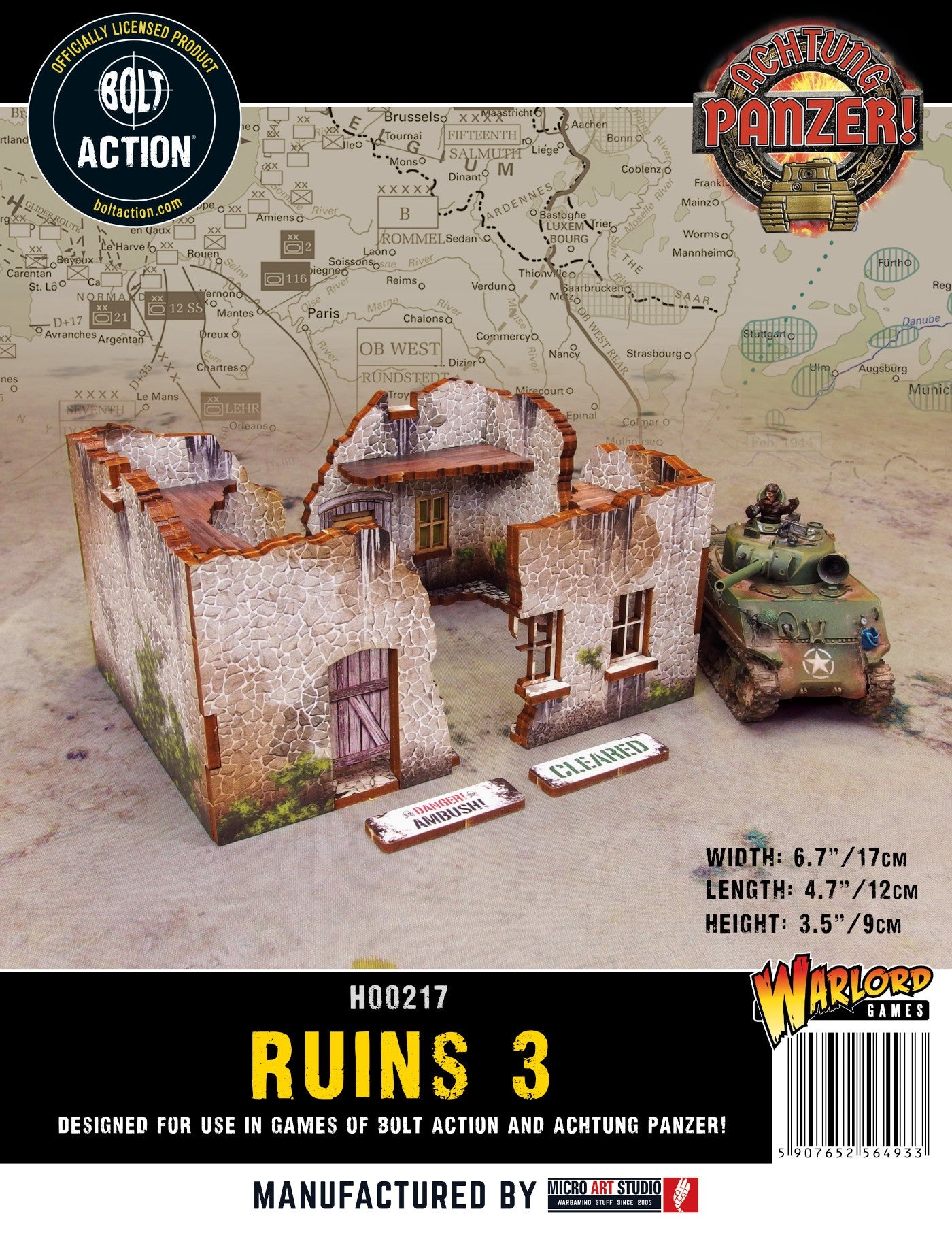 Normandy Ruin 3 – okładka pudełka z czołgiem Sherman, wymiary i logo Bolt Action i Achtung Panzer, 28mm Micro Art Studio
