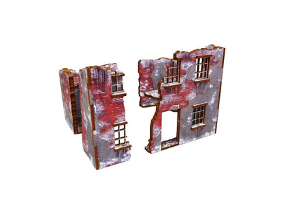 Normandy Winter Ruin 2 – widok izometryczny z przodu na złożone ruiny z czerwoną cegłą i pękniętym tynkiem, 28mm Bolt Action
