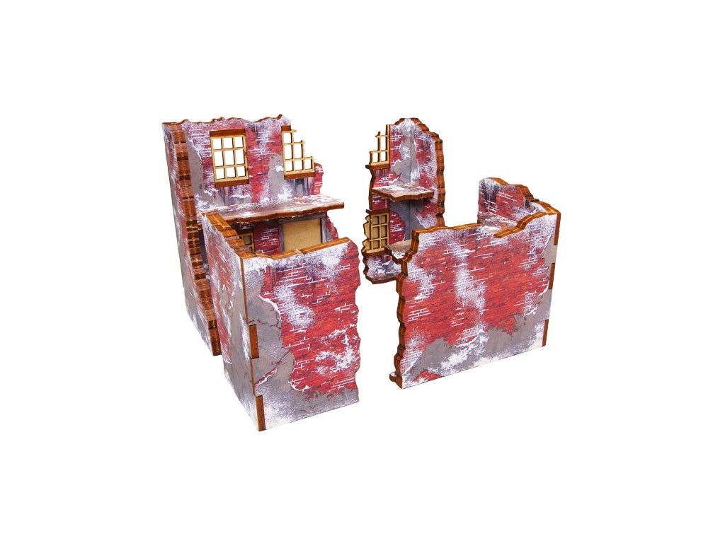 Normandy Winter Ruin 2 – widok z tyłu na złożone ruiny z balkonem i otwartymi wnękami okiennymi, zimowa kolorystyka, 28mm Bolt Action
