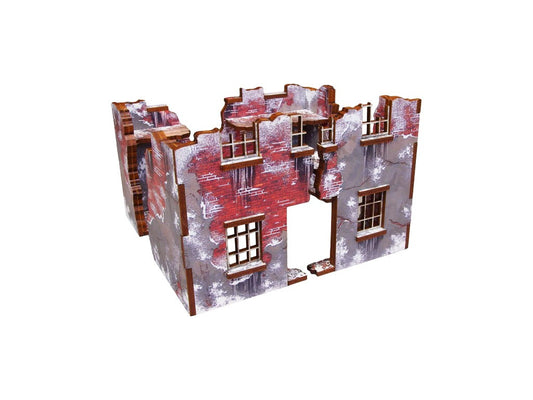 Normandy Winter Ruin 3 – widok izometryczny z przodu na złożone ruiny z oknami i pękniętymi ścianami z czerwonej cegły, 28mm Bolt Action
