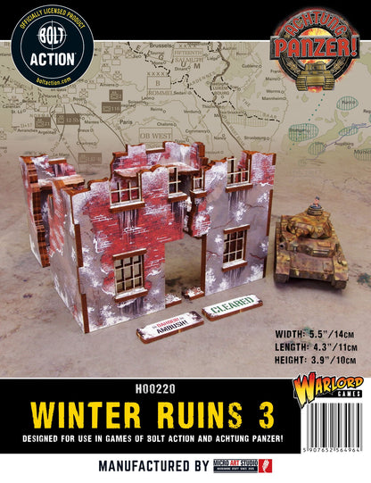 Normandy Winter Ruin 3 – okładka pudełka z czołgiem Panzer IV, wymiary i logo Bolt Action i Achtung Panzer, 28mm Micro Art Studio
