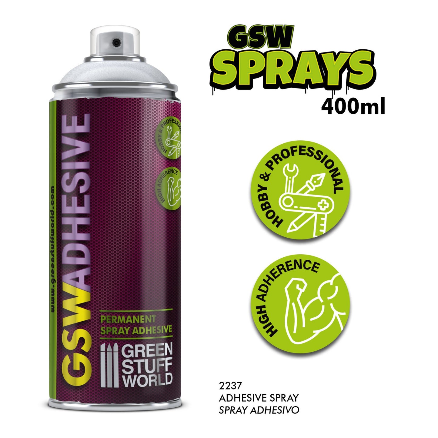 Adhesive Spray 400ml Green Stuff World - specyfikacja z ikonami Hobby & Professional i High Adherence