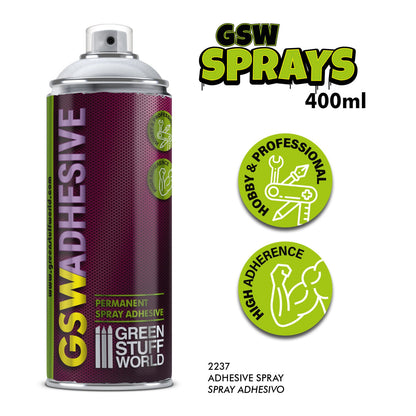 Adhesive Spray 400ml Green Stuff World - specyfikacja z ikonami Hobby & Professional i High Adherence